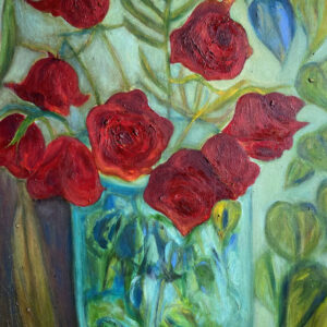 Red Roses in Blue Vase