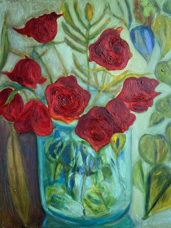Red Roses in Blue Vase