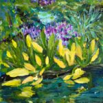 painting of yellow skunk flowers in a marsh