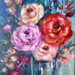 abstract painting of four roses in a glass vase with a blue background