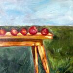 oil painting of 5 apples on a table in a field