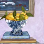 collage and oil painting of lemons in a blue and white compote bowl